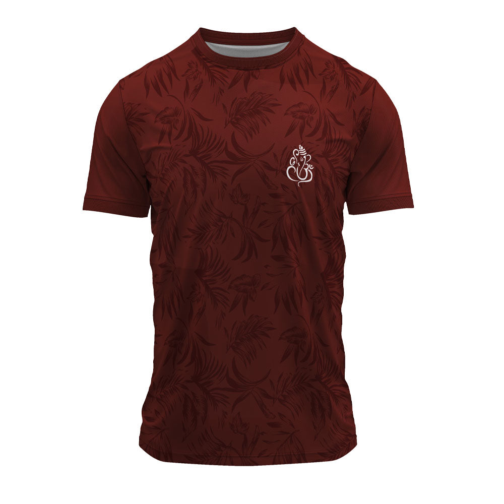 Maroon floral printed round neck jersey with a stylish tonal pattern and festive Ganpati motif. Customisation available for teams, events and group orders.