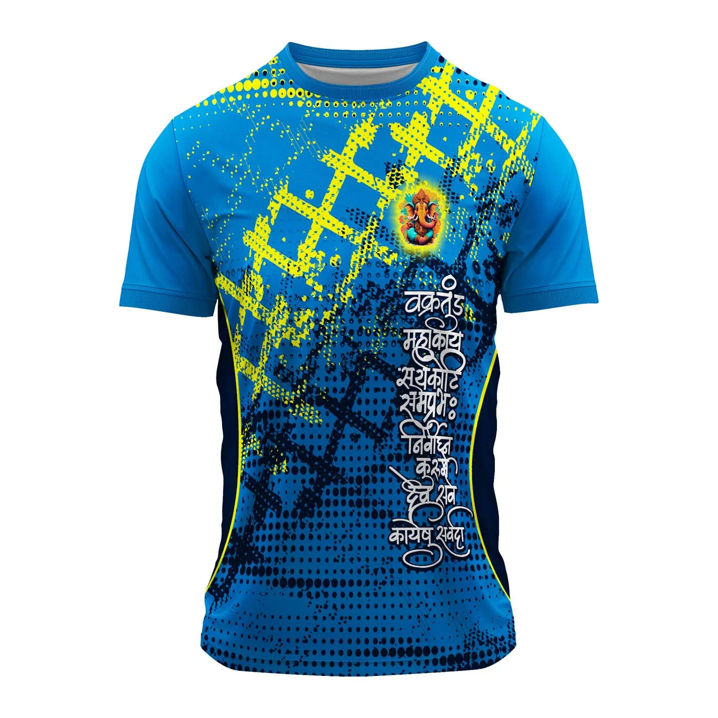 Ganpati jersey, Vakratunda jersey, Ganesh t-shirt, Ganpati festival wear, Ganesha graphic jersey, Hindu god t-shirt, spiritual sportswear, Ganpati printed jersey, Ganesh chaturthi clothing, custom Ganpati jersey, devotional jersey, Indian cultural wear, festival jersey India, blue Ganpati t-shirt
