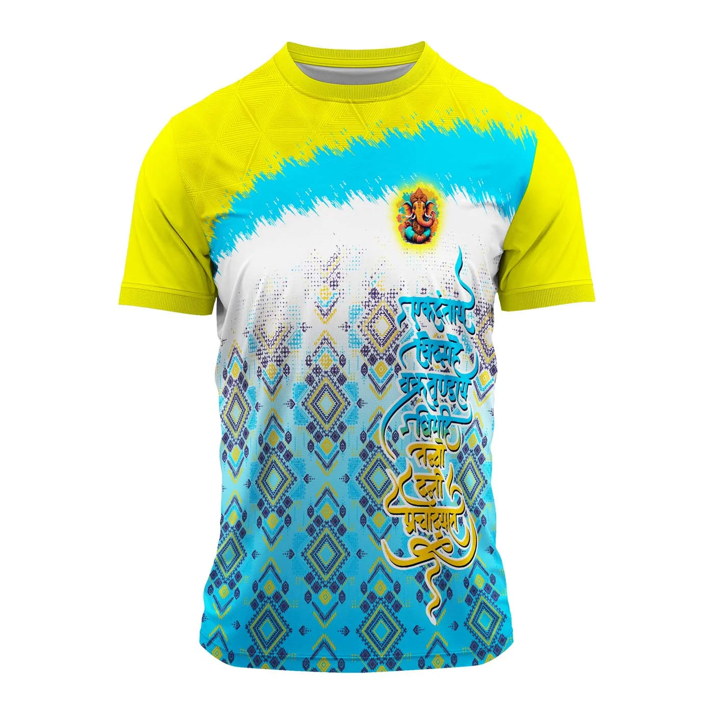 Ganpati jersey, Ganesh Chaturthi jersey, Blue white yellow jersey, Ganpati t-shirt, Ganpati festival outfit, Lord Ganesha jersey, Ganpati dress for men, Ganesh utsav dress, Custom Ganpati jersey, Ganpati group dress, Ganpati team jersey, Ganpati theme clothing, Ganpati event jersey, Ganpati mandal jersey, Ganpati special jersey.