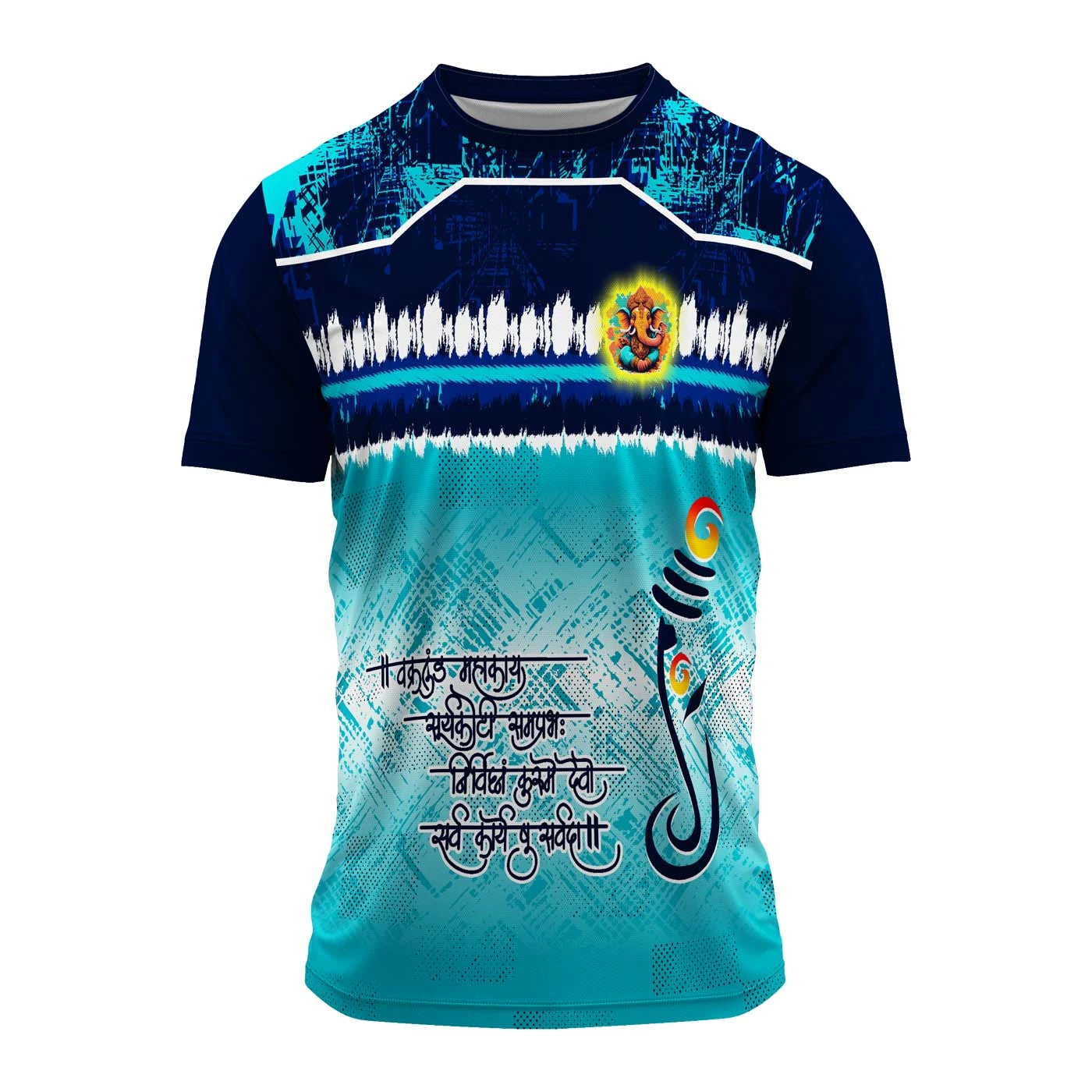 Ganpati jersey, OM design jersey, navy blue Ganpati t-shirt, white Ganesh Chaturthi outfit, spiritual jersey, Ganpati visarjan dress, festival t-shirt, custom Ganpati clothes, group Ganpati jersey, Ganesh Utsav outfit, polyester Ganpati jersey, Ganpati mandal uniform, Ganpati t-shirt for men, women, kids
