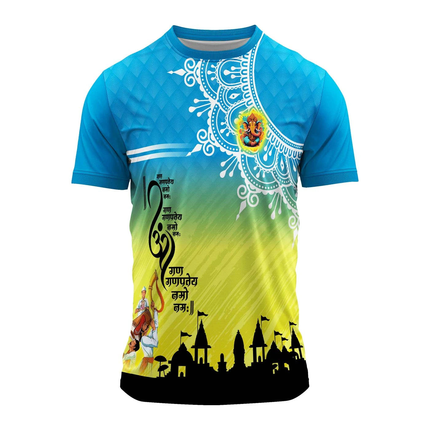 Ganpati jersey, Ganesh Chaturthi t-shirt, Om Gan Ganpataye Namah, Ganpati visarjan jersey, Ganpati t-shirt for men, Ganpati group wear, Ganesh utsav jersey, Ganpati mandal dress, custom Ganpati t-shirt, Ganpati festival clothing, Lord Ganesha jersey, Ganpati theme outfit, Ganpati celebration wear, Ganesh t-shirt design, Ganpati utsav t-shirt
