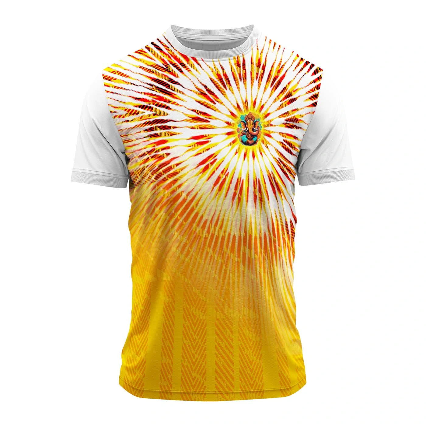 ganpati jersey, surya ganesha t-shirt, yellow ganpati t-shirt, ganpati festival clothes, lord ganesha jersey, mandal group outfit, visarjan jersey 2025, spiritual festival wear, ganpati utsav jersey online, ganpati dress code 2025, om ganesha jersey, sunburst ganpati t-shirt