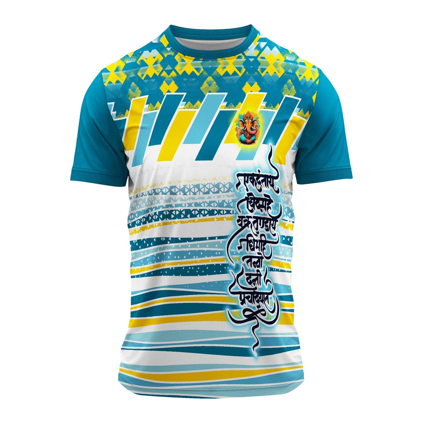 Ganpati jersey, Ganpati t-shirt, Ganesh t-shirt, Ganpati festival jersey, Ekdant mantra jersey, Ganpati theme wear, Bappa jersey, Sankashti Ganesh t-shirt, custom Ganpati t-shirt, spiritual printed jersey, Ganesh Chaturthi wear, festival t-shirt India, Om Gan Ganpataye Namah jersey, vibrant Ganesh jersey, religious graphic jersey
