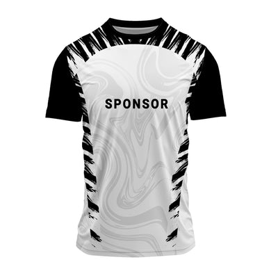 Black and white abstract round neck jersey featuring a modern monochrome pattern and bold brush-stroke detailing. Customisation available for teams and group orders.