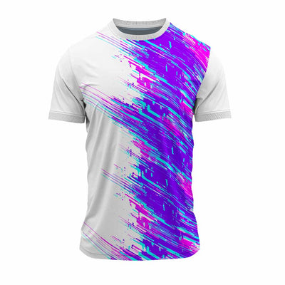 White round neck jersey featuring vibrant purple, pink and cyan brush-stroke graphics. A modern choice for sports teams, events and customised group apparel.
