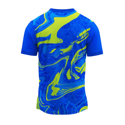Blue and lime abstract print round neck sports jersey