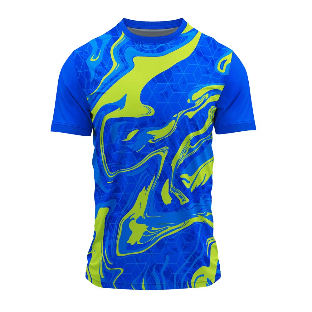 Blue and lime printed sports jersey featuring a bold abstract design on lightweight dry-fit polyester. Customise with team logos, names, numbers and sponsor branding.