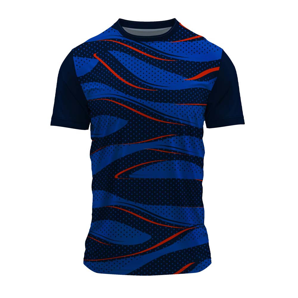 Blue round neck jersey featuring a bold wave and dotted print. Made with lightweight dry-fit polyester and customisable with logos, names, numbers and branding.