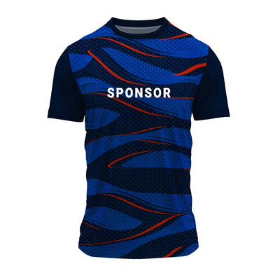 Blue wave print round neck sports jersey