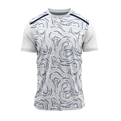 White round neck sports jersey featuring a navy paisley-inspired dotted print. Lightweight dry-fit polyester with customisation options for teams and events.