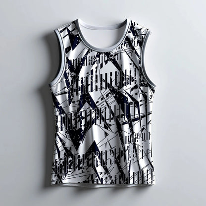 gym singlet for men, men's workout tank, geometric gym wear, sleeveless gym shirt, black and white gym singlet, men's athletic wear, quick dry gym top, fitness tank top, workout tank men, breathable gym shirt, polyester gym vest, men's sports singlet
