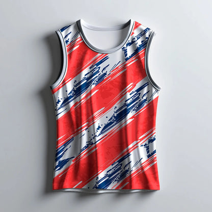 abstract print gym wear, breathable sleeveless sportswear, athletic training tops, high-performance workout gear, moisture-wicking polyester singlet, unisex gym fashion, activewear for athletes, bold pattern sleeveless top, sleeveless workout apparel, red and blue gym vest, best gym wear for men, sleeveless gym vest, durable gym jersey, men’s digital athletic top, fitness tank top for men, sublimated sportswear, sleeveless sportswear for adults, muscle workout shirt, summer training tops, active lifestyle