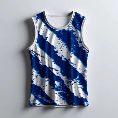 Men's Blue-White Brush Print Sleeveless Sports Singlet