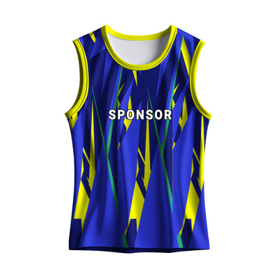 Blue yellow custom track singlet for men with dry-fit polyester fabric and sublimation printing for athletics teams