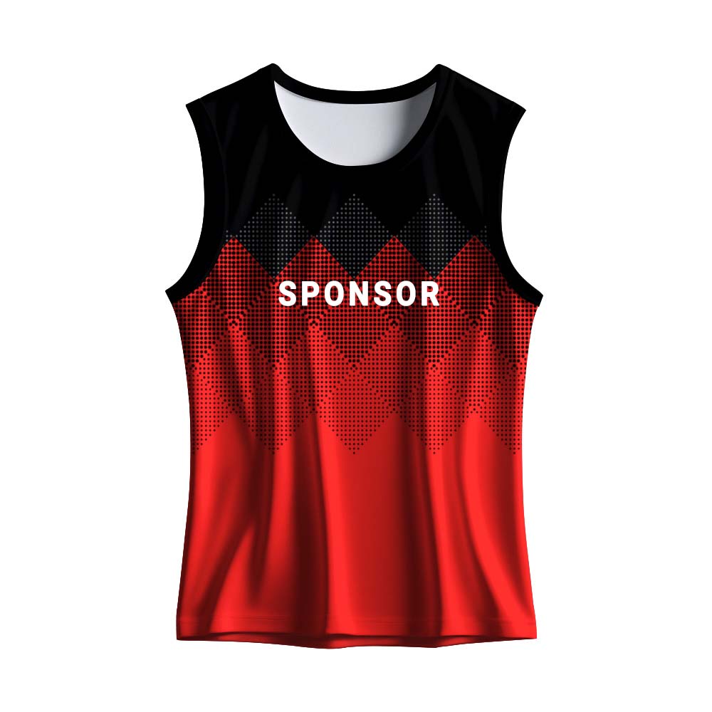 Men's red and black custom dry fit sports singlet with geometric gradient print for running, gym workouts, athletics and team sports.