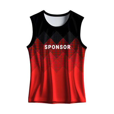 Men's red and black custom dry fit sports singlet with geometric gradient print for running, gym workouts, athletics and team sports.
