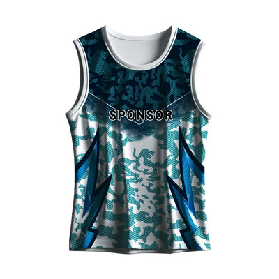 Men's white and teal custom dry fit sports singlet featuring camouflage graphics for running, athletics, gym workouts and team sports.