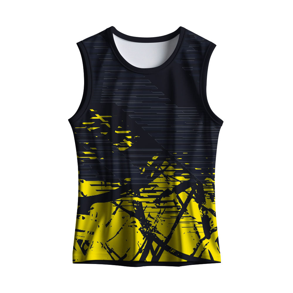 Custom Black & Yellow men's sports singlet made from breathable quick-dry polyester. Ideal for running, gym workouts, marathons, sports teams and corporate events with personalized logo, name and number printing.