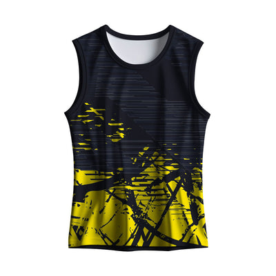 Custom Black & Yellow men's sports singlet made from breathable quick-dry polyester. Ideal for running, gym workouts, marathons, sports teams and corporate events with personalized logo, name and number printing.