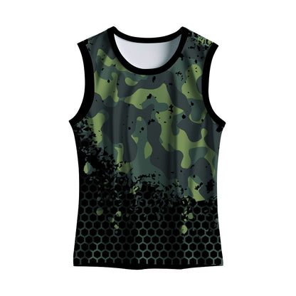 Custom Green Camouflage men's sports singlet made from breathable quick-dry polyester. Ideal for running, gym training, marathons, sports teams and corporate events with personalized logo, name and number printing.
