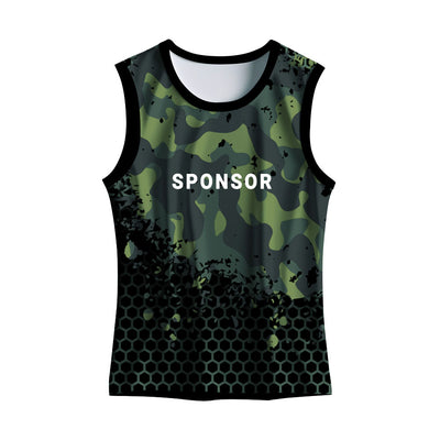 Green camouflage men's custom dry fit sports singlet with honeycomb pattern for running, gym workouts, marathons and team sports.