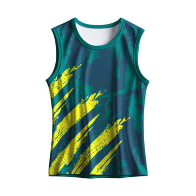 Performance-ready men's Teal & Yellow sports singlet featuring premium dry-fit polyester and striking brush stroke graphics