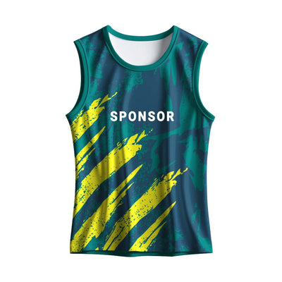 Teal and yellow brush stroke men's sports singlet made with breathable dry-fit polyester for running, fitness training and team sports.