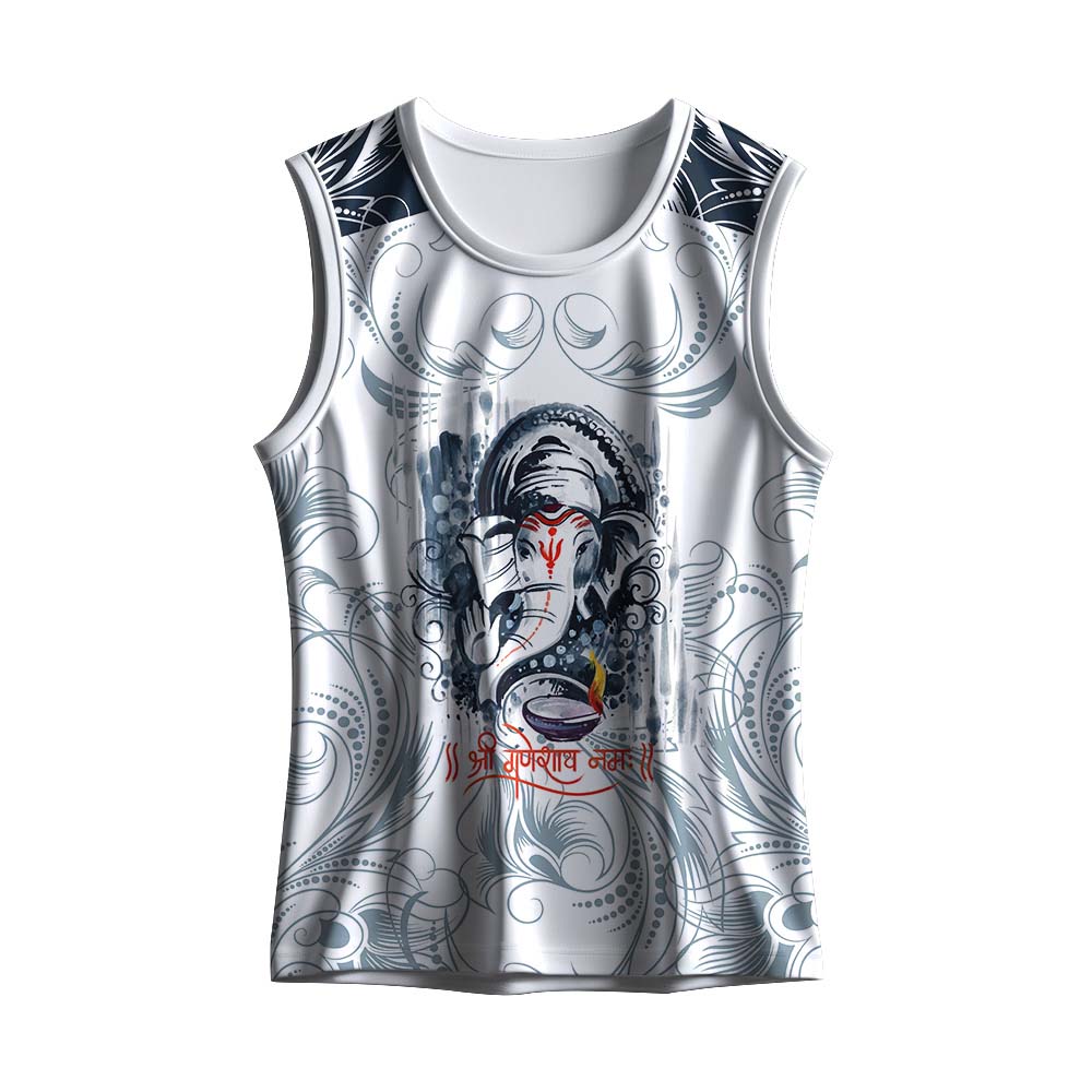 White Ganesh Printed Custom Sleeveless Singlet