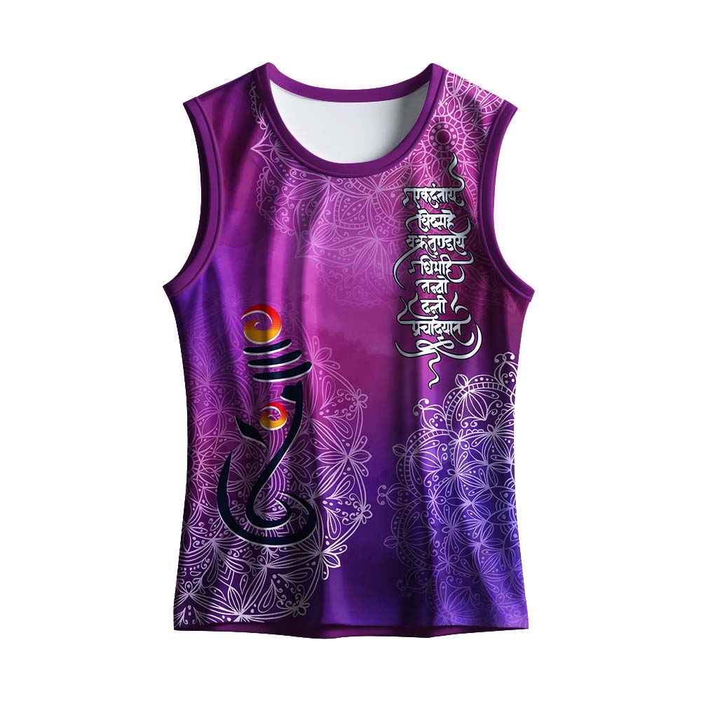 Personalised purple Ganesha tank top with Sanskrit mantra print.