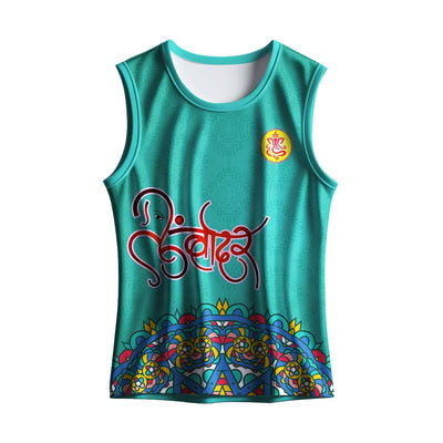 Personalised teal Ganesha Lambodar tank top with colorful mandala art.