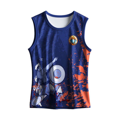 Personalised royal blue tank top with Dhol Tasha festival artwork and Ganesha badge.