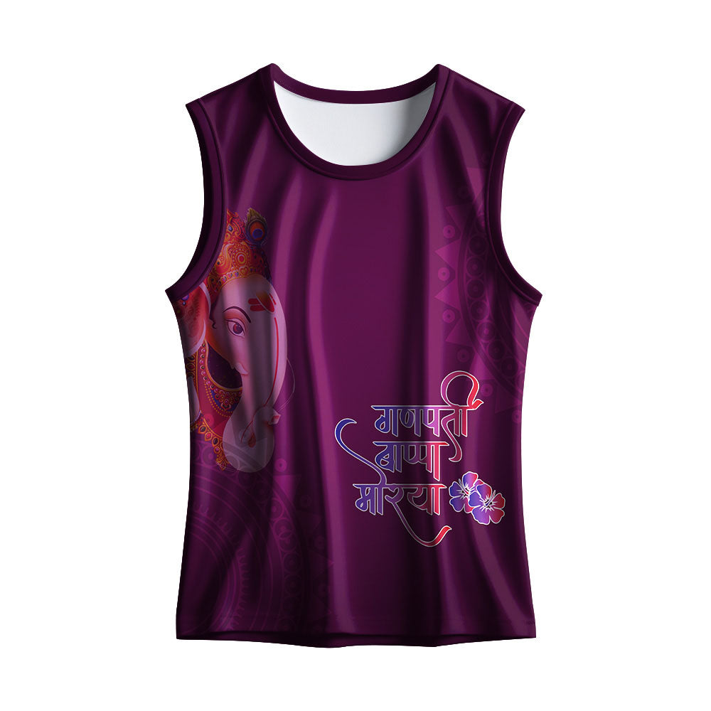 Personalised plum purple tank top featuring Ganpati Bappa Morya script and Ganesha face illustration.