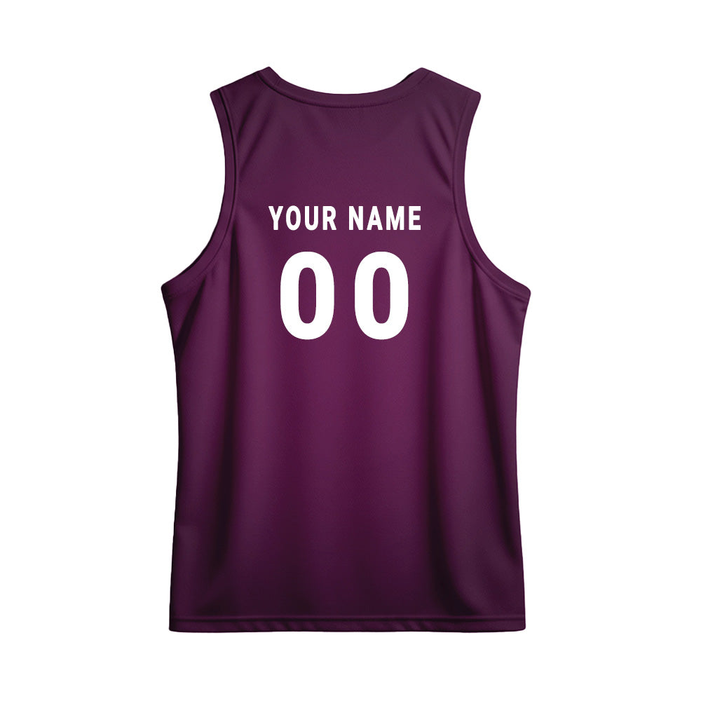 Custom purple dry-fit festival sando with Devanagari calligraphy and red hibiscus motif.