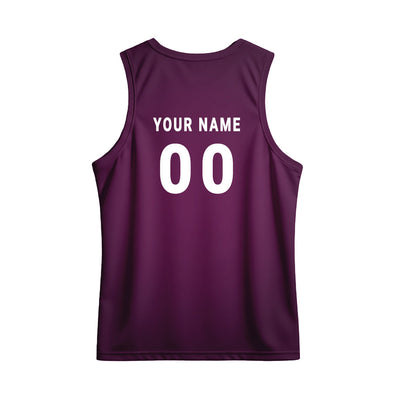 Custom purple dry-fit festival sando with Devanagari calligraphy and red hibiscus motif.