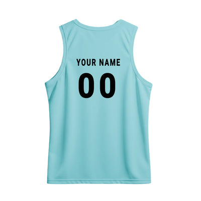 custom light blue athletic sando displaying customized name and number printing.