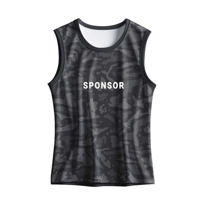 Front mockup of the charcoal camouflage singlet showing sponsor text placement