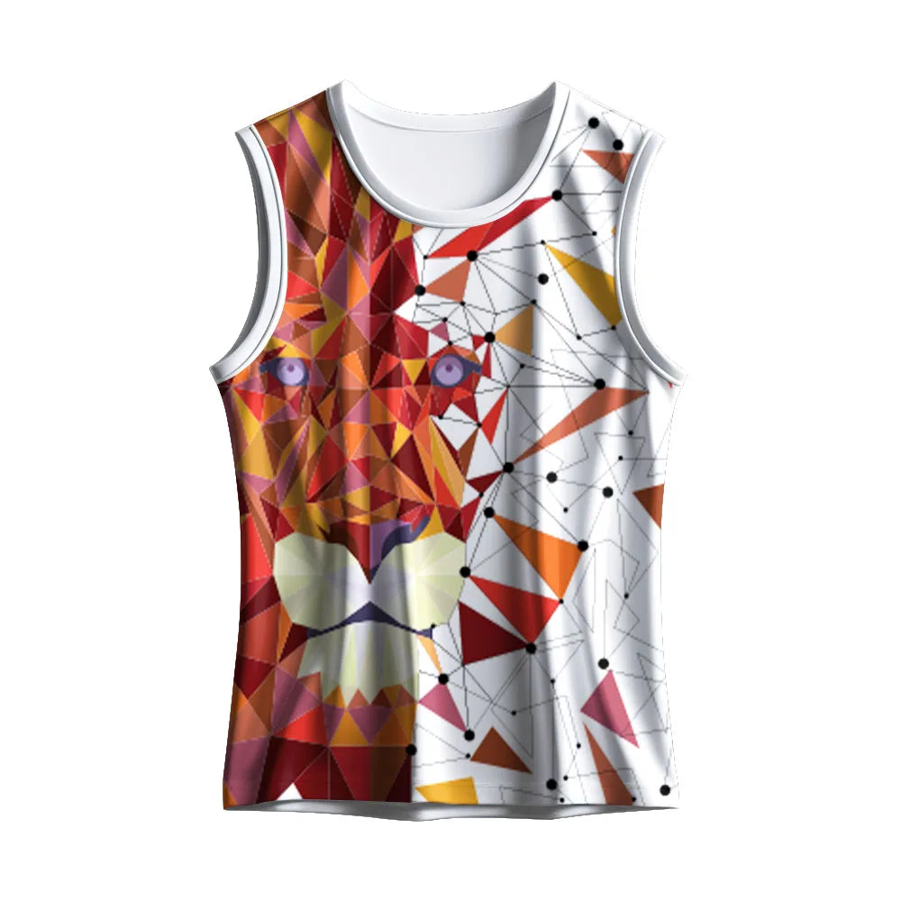 Front view of the white singlet with red, orange and yellow geometric print
