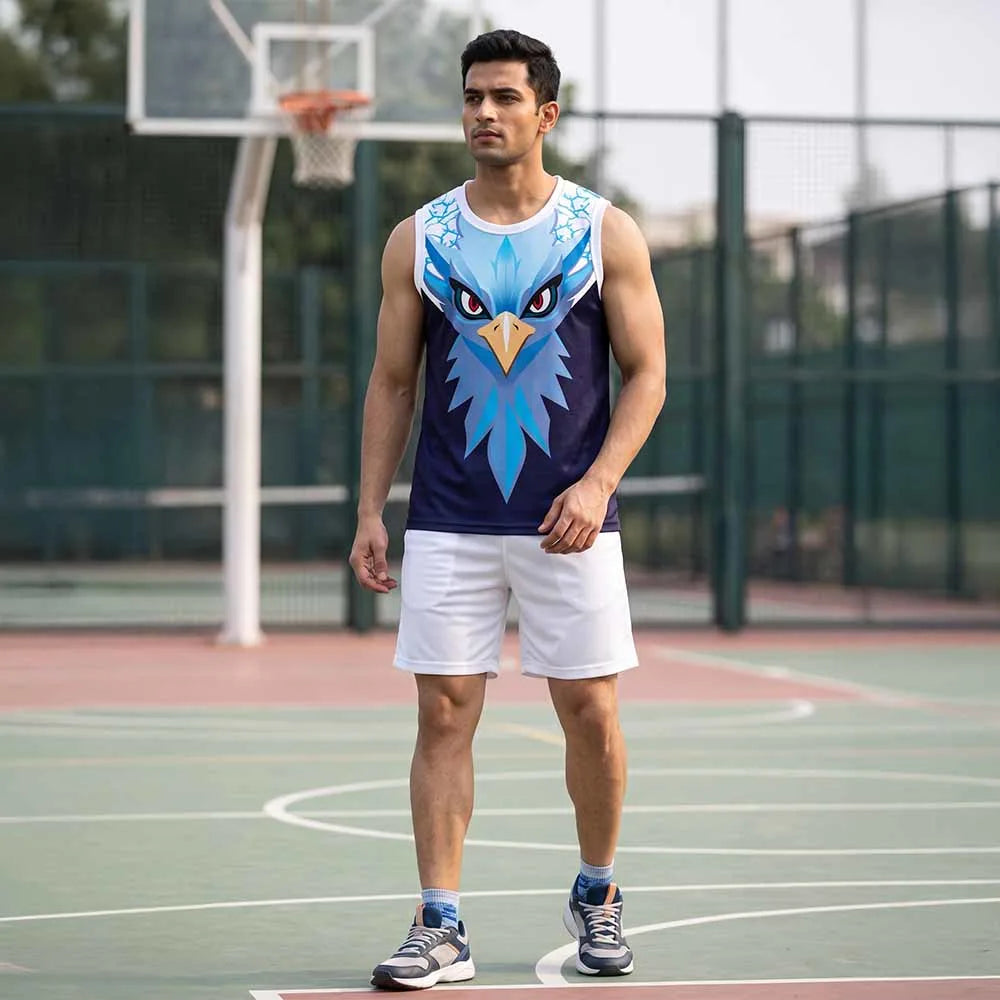 Model wearing navy singlet with a blue eagle graphic and white shorts on a basketball court