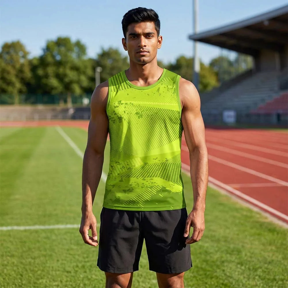 Model wearing lime-green singlet with abstract stripe print and black shorts beside an athletics track
