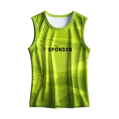 Front mockup of the lime-green singlet with abstract stripe print showing sponsor text placement