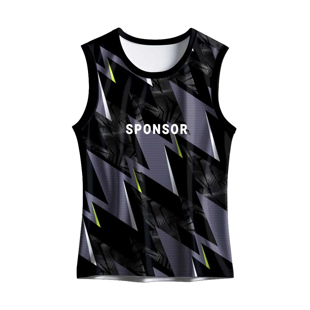 Front mockup of the black and grey zigzag singlet with lime accents showing sponsor text placement