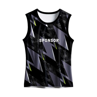 Front mockup of the black and grey zigzag singlet with lime accents showing sponsor text placement