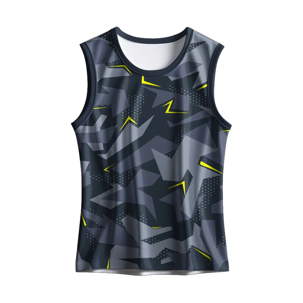 Front view of the charcoal geometric camouflage singlet with lime accents