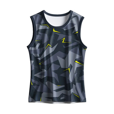 Front view of the charcoal geometric camouflage singlet with lime accents