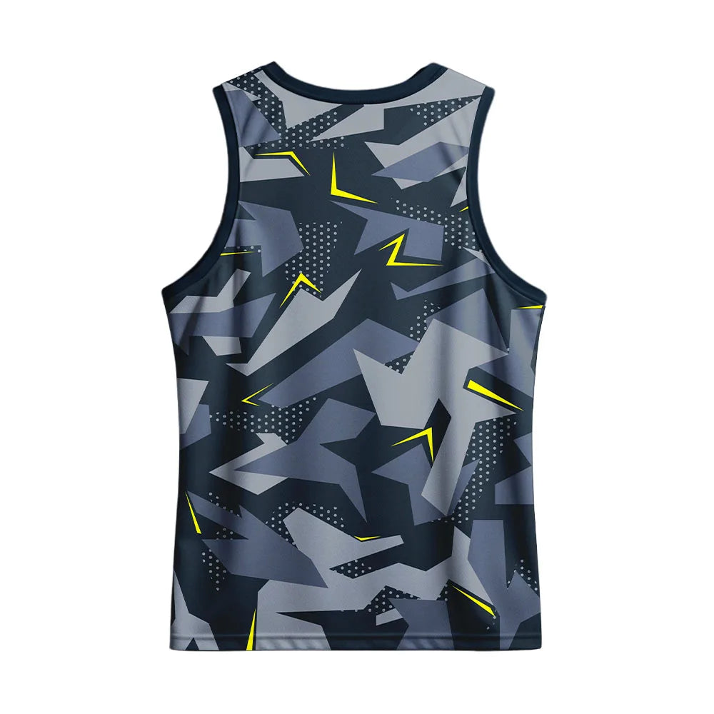 Back view showing the matching charcoal geometric camouflage back