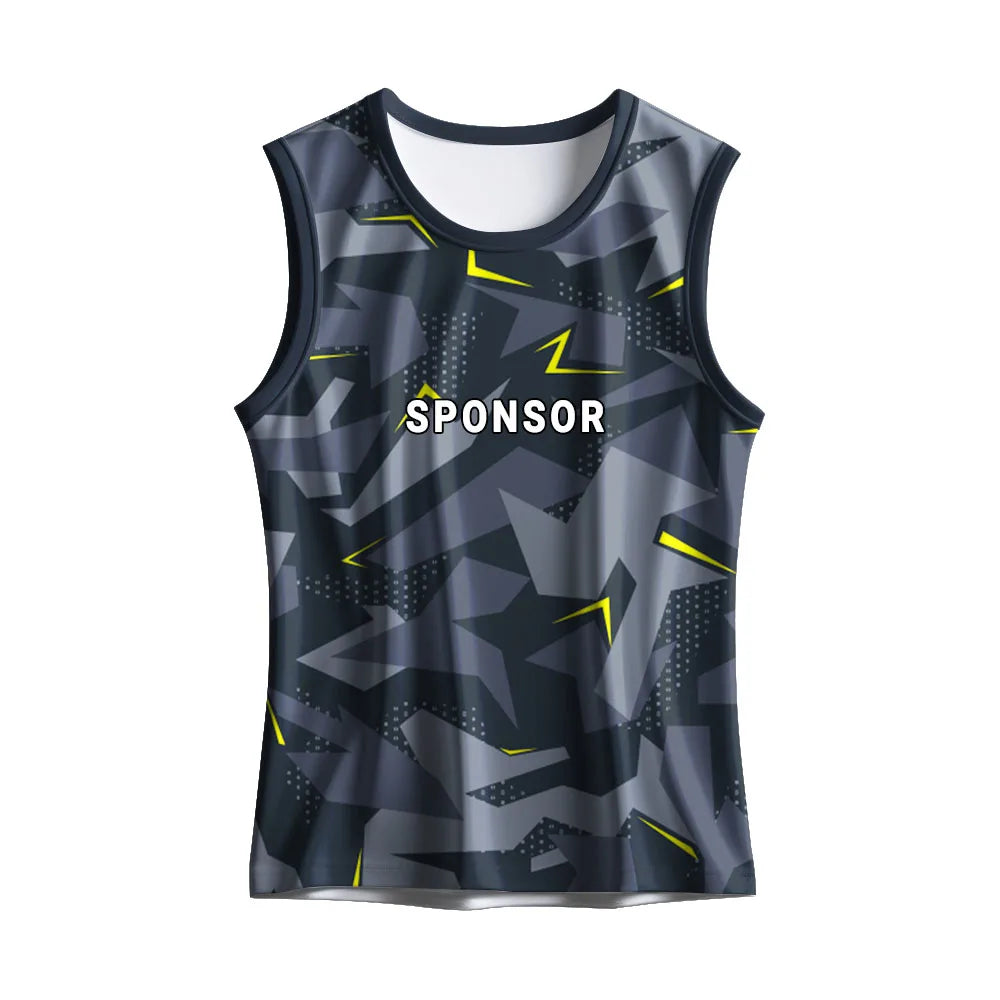 Front mockup of the charcoal geometric camouflage singlet with lime accents showing sponsor text placement