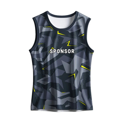 Front mockup of the charcoal geometric camouflage singlet with lime accents showing sponsor text placement