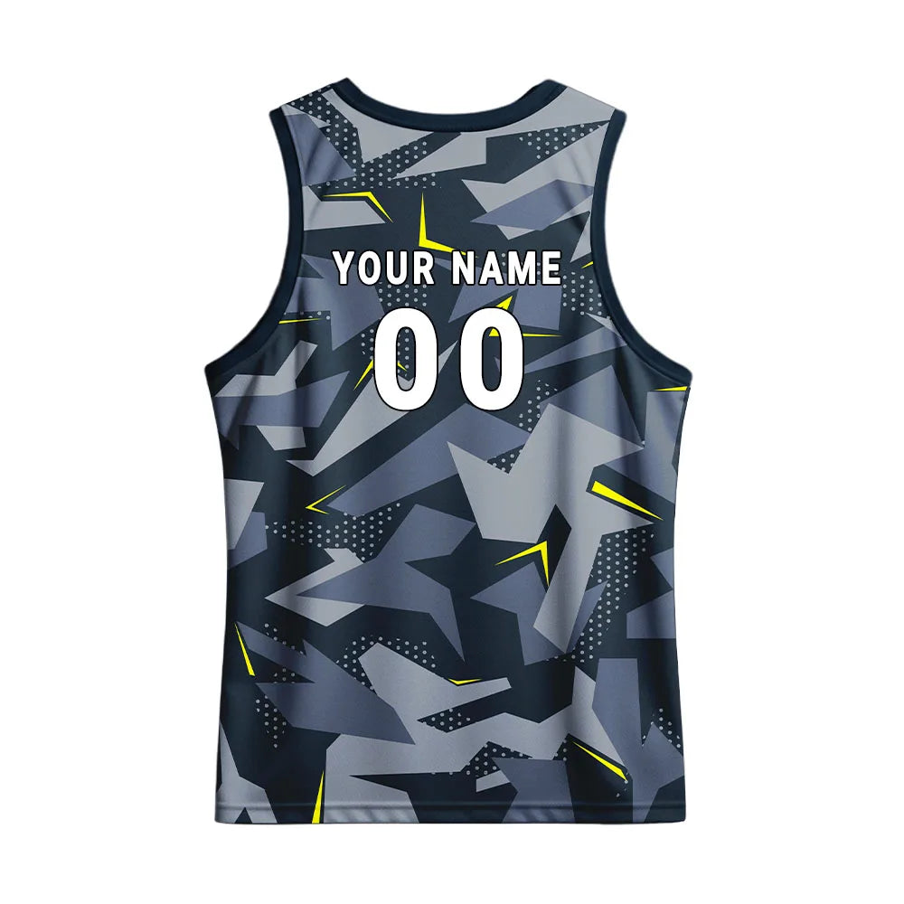 Back mockup showing player name and number on the matching charcoal geometric camouflage back