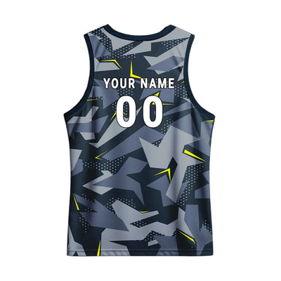 Back mockup showing player name and number on the matching charcoal geometric camouflage back