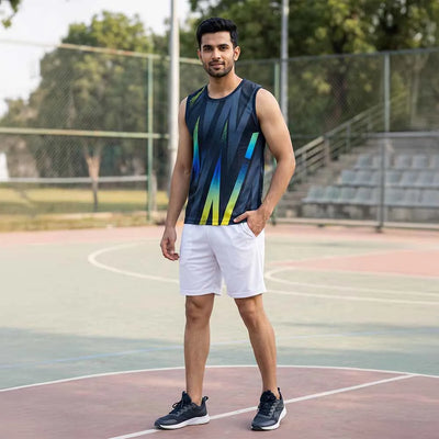 Model wearing navy and black singlet with blue and yellow diagonal streaks and white shorts on an outdoor basketball court